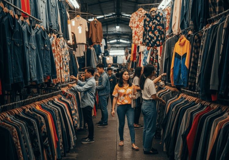 Stands de vêtements vintage dans les sections 17 à 19 du marché de Chatuchak Bangkok