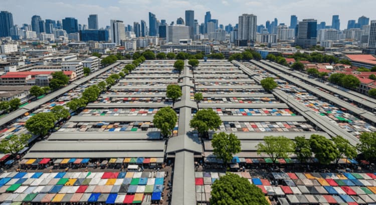 Vue aérienne du marché de Chatuchak (JJ Market), Bangkok — 14 hectares, 27 zones, 15 000 stands