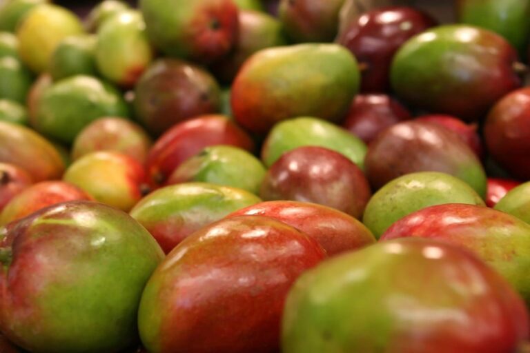 Étal de marché coloré avec fruits thaïlandais variés (mangoustan, rambutan, mangue) en rangées