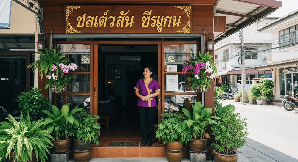 Devanture d'un salon de massage thaïlandais authentique dans le quartier résidentiel de Pratumnak, Pattaya