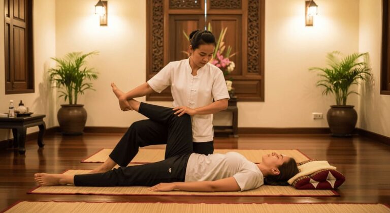 Séance de massage thaïlandais traditionnel en cours, étirements assistés sur natte dans un centre de bien-être local